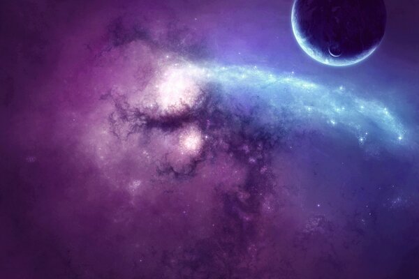 Großer Planet mit Satellit in einem lila Himmel mit Galaxien