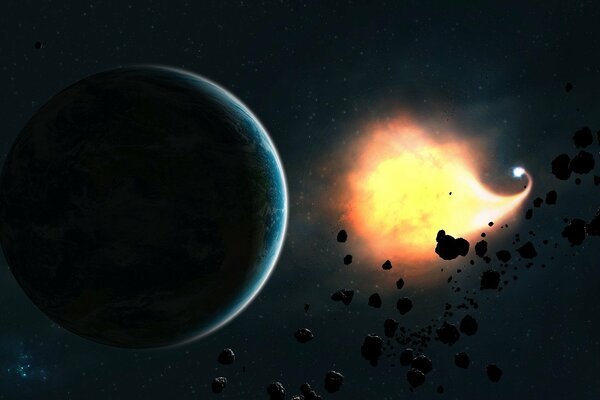 A fiery glowing asteroid flying towards the planet