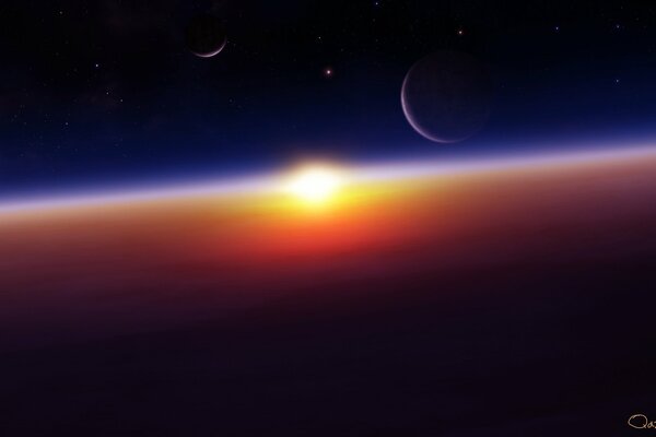 Солнечное свечение в космосе с планетами