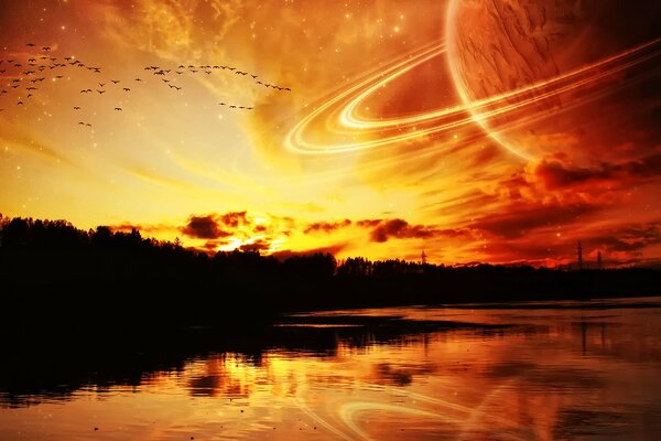 The planet is reflected in the water