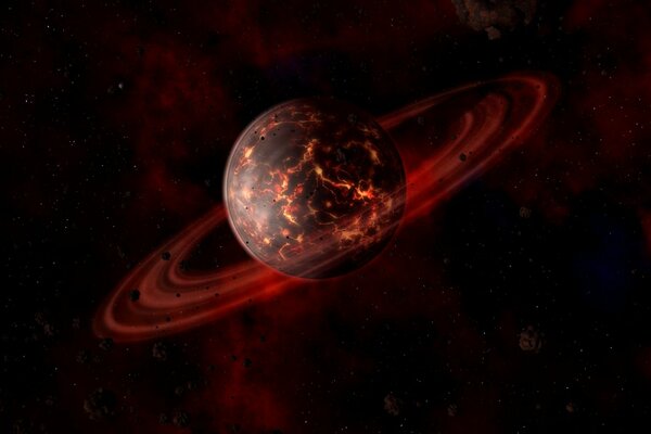 Planeta colapsado en el cinturón de asteroides con grietas llenas de lava roja