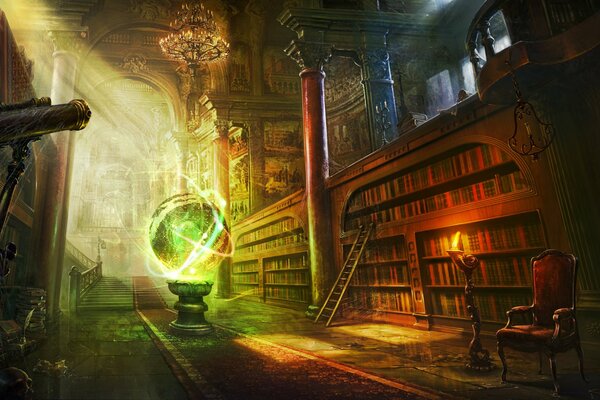 Palla magica nella misteriosa biblioteca