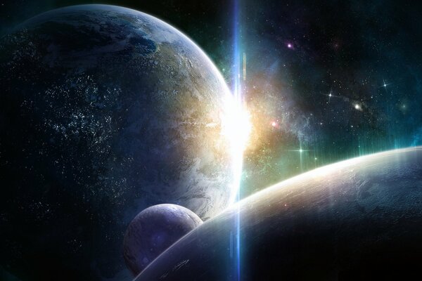 Un pianeta lontano di un altra civiltà con una stella nascente e due satelliti