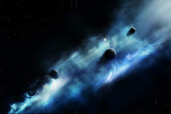 Quatre planètes sombres dans une nébuleuse galactique bleue