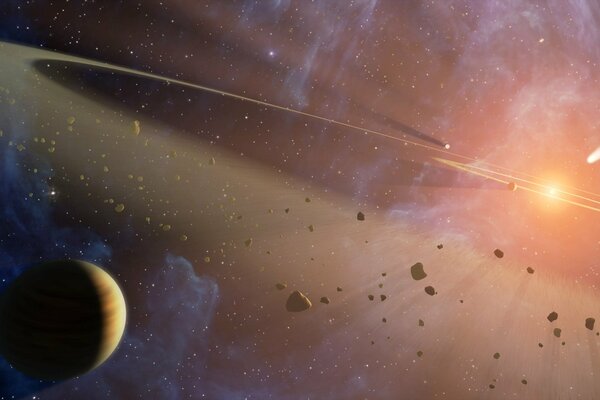 Asteroiden fliegen im Weltraum an Planeten vorbei
