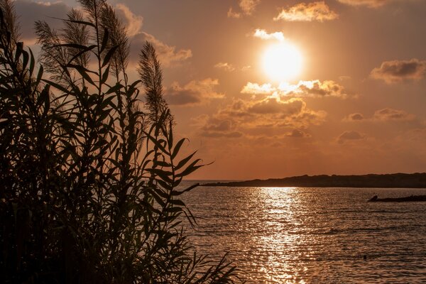Red sunset over the lake