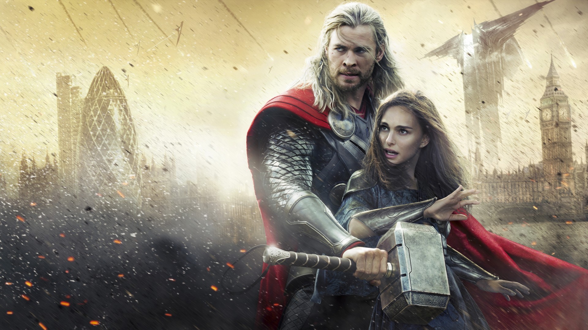 thor frau thor 2 unterhaltung walt disney bilder abenteuer mantel fliegen himmel hammer action dieses waffe gott rüstung chris hemsworth bilder rot wolke disney roter mantel natalie portman schön krieger gebäude marvel männchen fantasie mädchen männchen