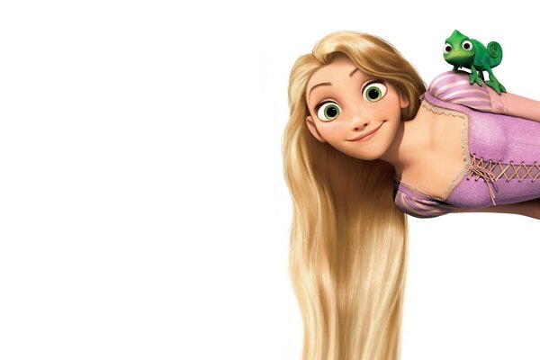 Rapunzel con una rana su sfondo bianco