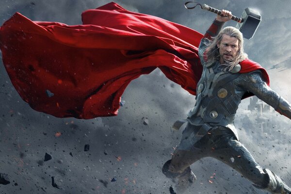Thor with a hammer in a red cloak from Marvel