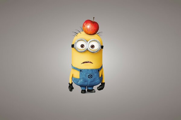 The minion with an apple on his head is surprised