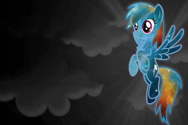 A bright pony is flying in the clouds