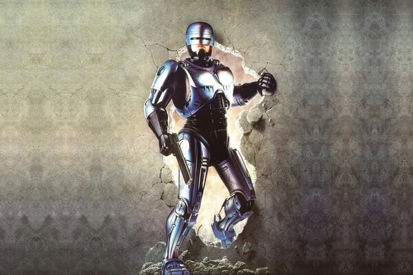 L arrière-plan montre un robot policier cyborg
