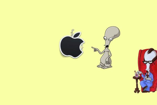 Roger from American Dad laughs at an apple and sits in an armchair