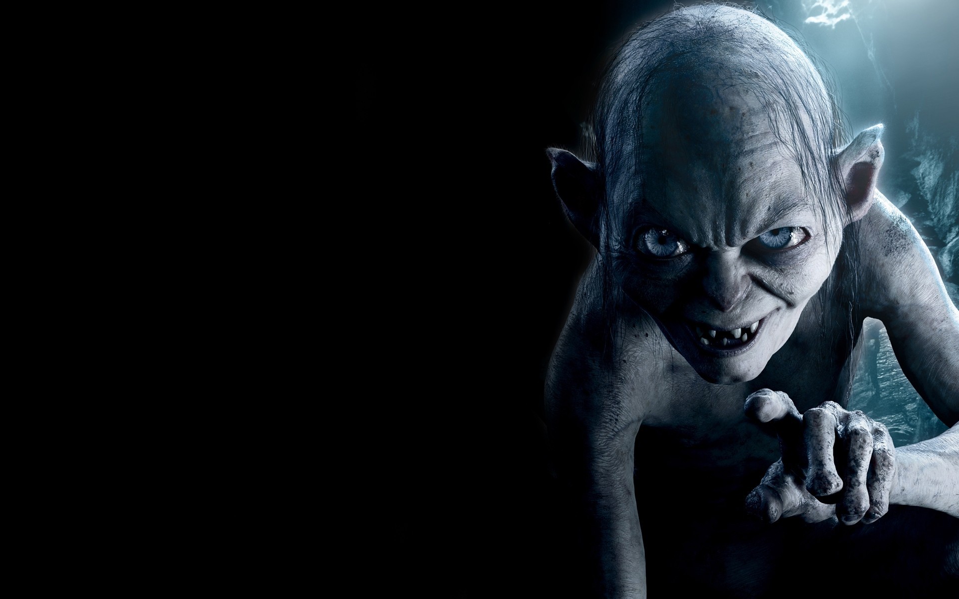 schwarzer hintergrund gollum ansicht hobbit unerwartete reise blaue augen fantasie monster