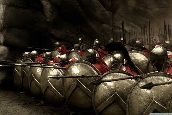 Three hundred Spartans with spears and shields