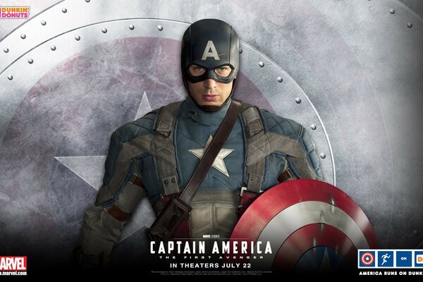 Captain America on the background of a steel shield with a star