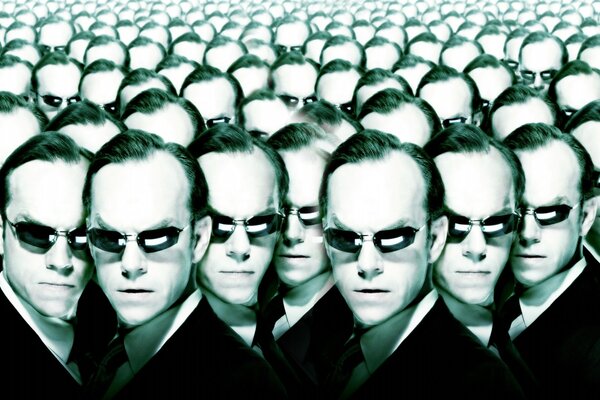 The Matrix movie a lot of heads in glasses