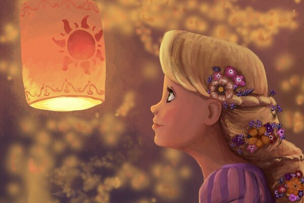 Imagen de Rapunzel con flores en el pelo y una linterna luminosa