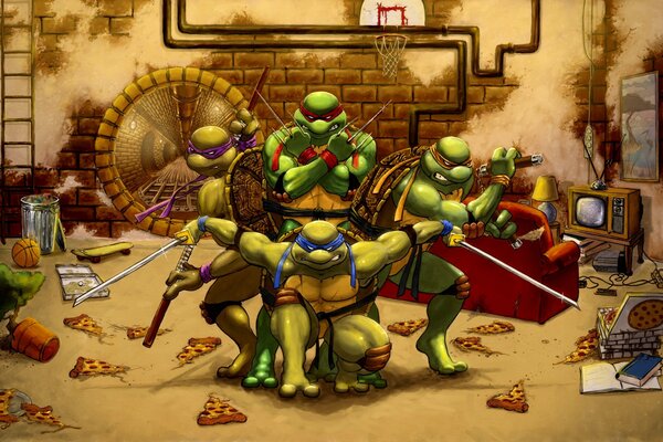 Teenage Mutant ninja Turtles with pizzas in the room