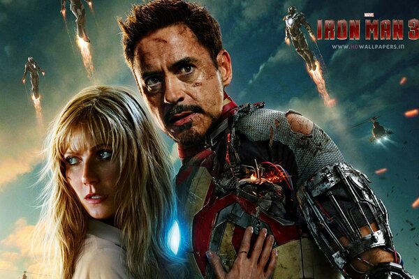 Iron man and blonde against the sky