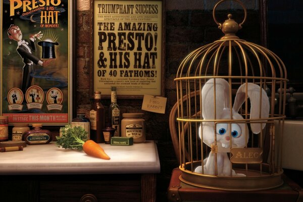 A sad hare sits in a cage and does not look at the poster with a magician