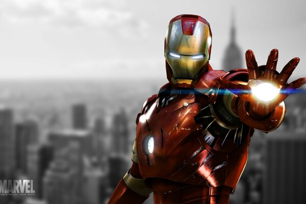 Iron Man du film Marvel avec une boule de feu à la main