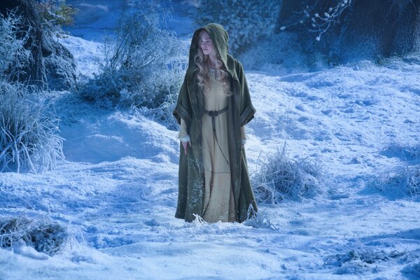 A frame from the films Maleficent in the winter forest