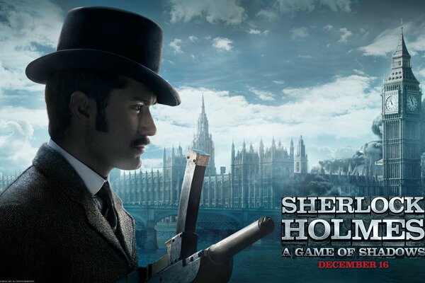 Sherlock Holmes na tle miasta i chmur