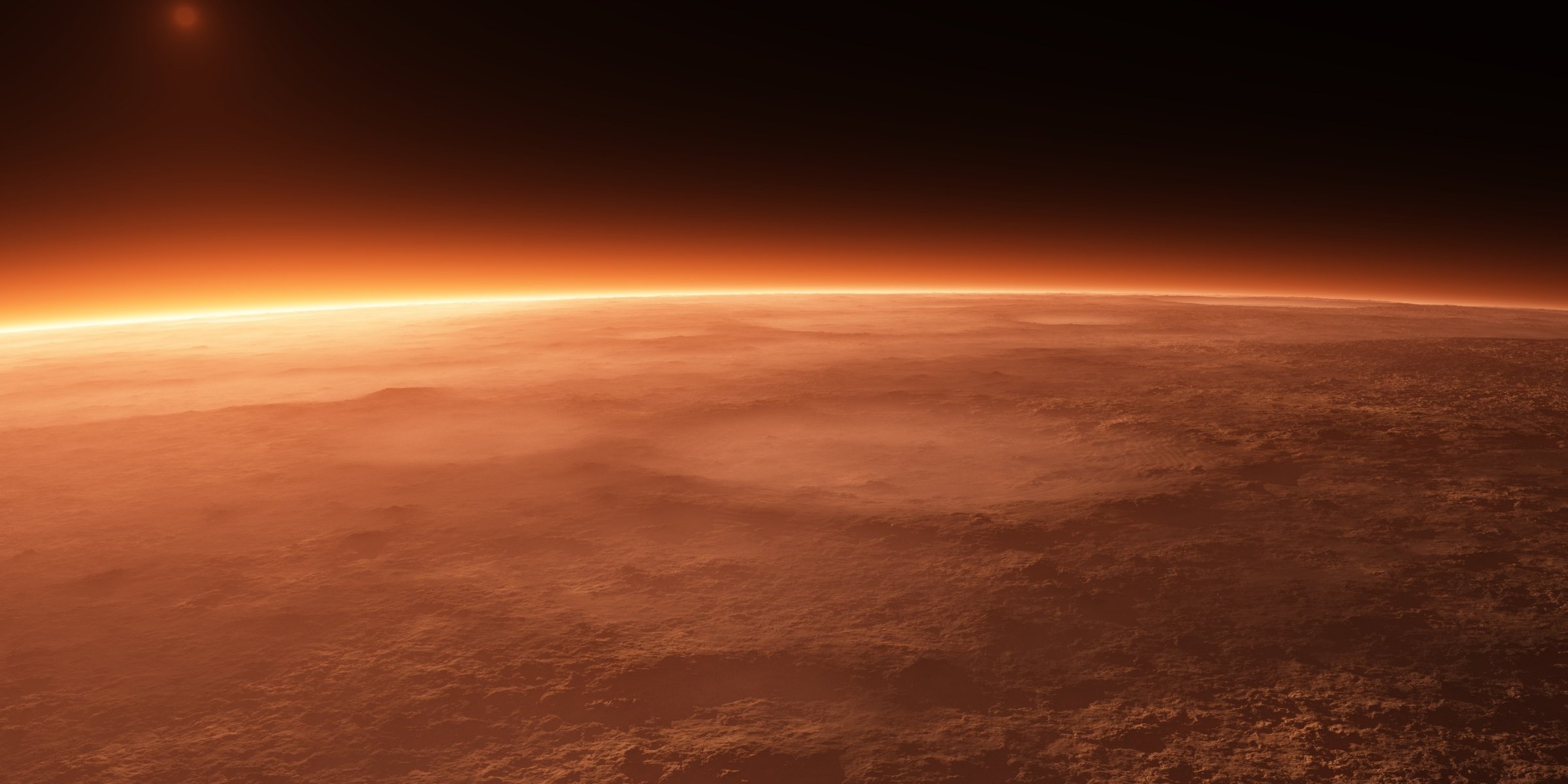 mars surface poussière cratères atmosphère horizon lever du soleil