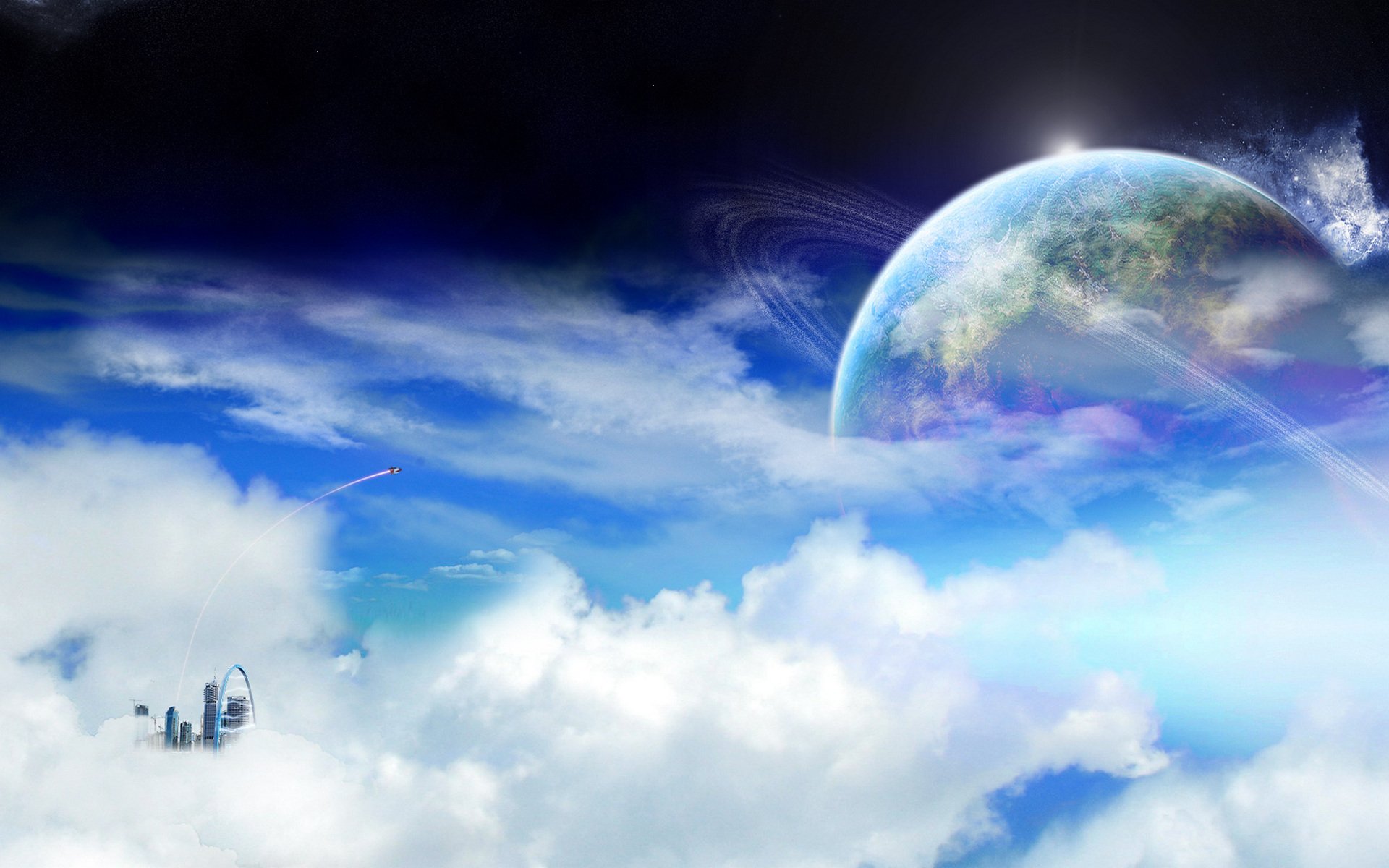 fantasy world dreamland planet sky clouds city sci-fi rings cloud city space rocket fiction future