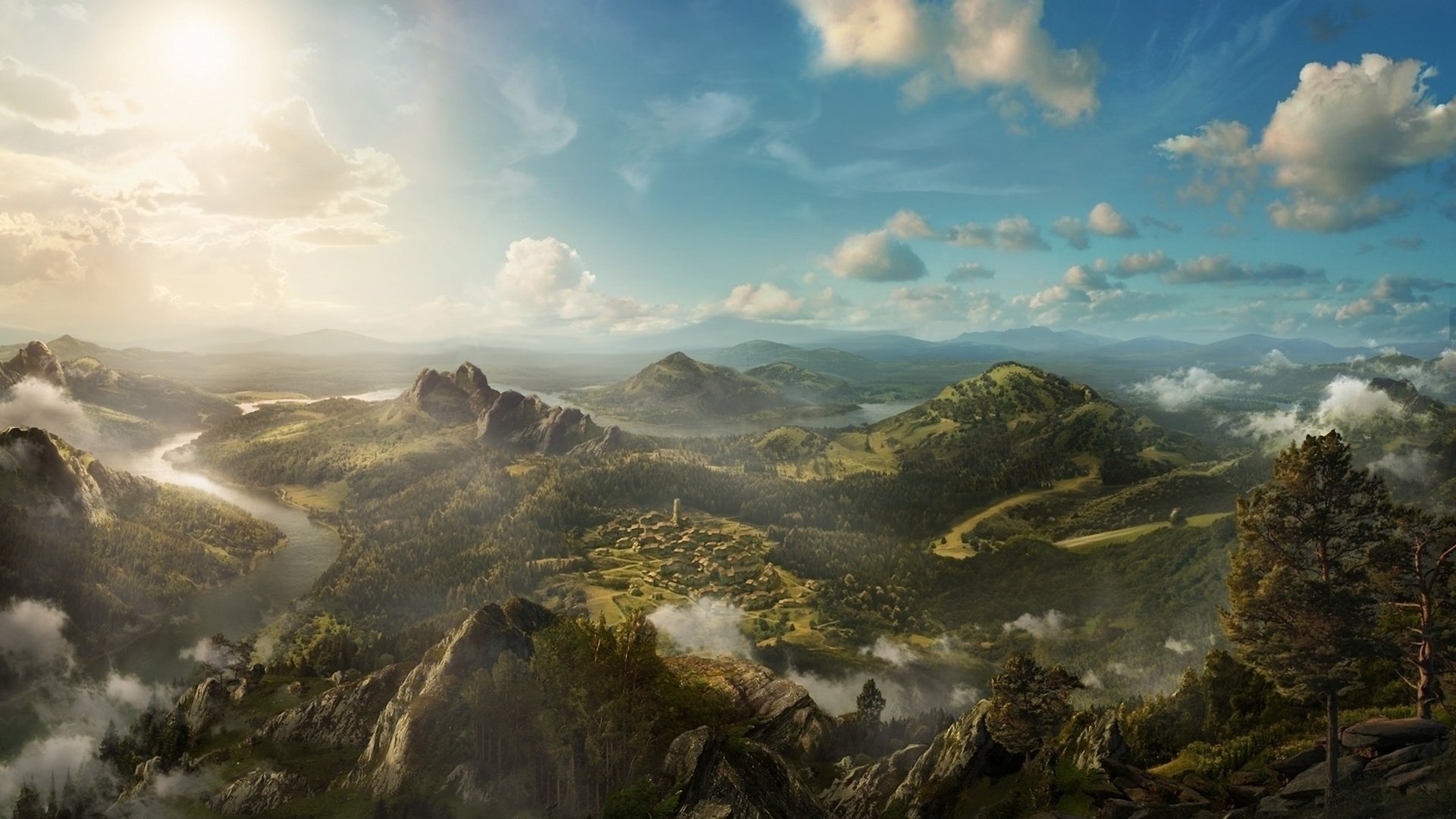 panorama ansicht kunst fluss landschaft berge felsen hügel