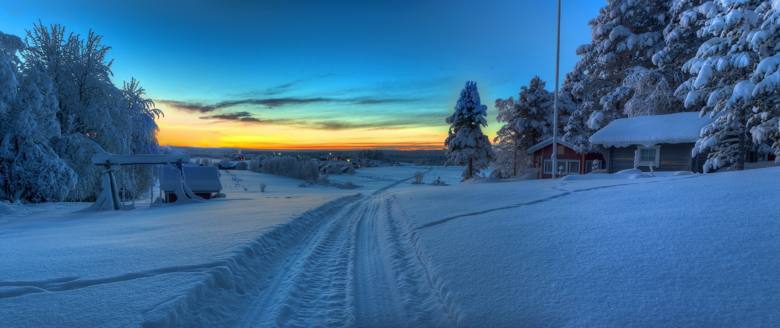 landscape sunset road panorama winter sweden house