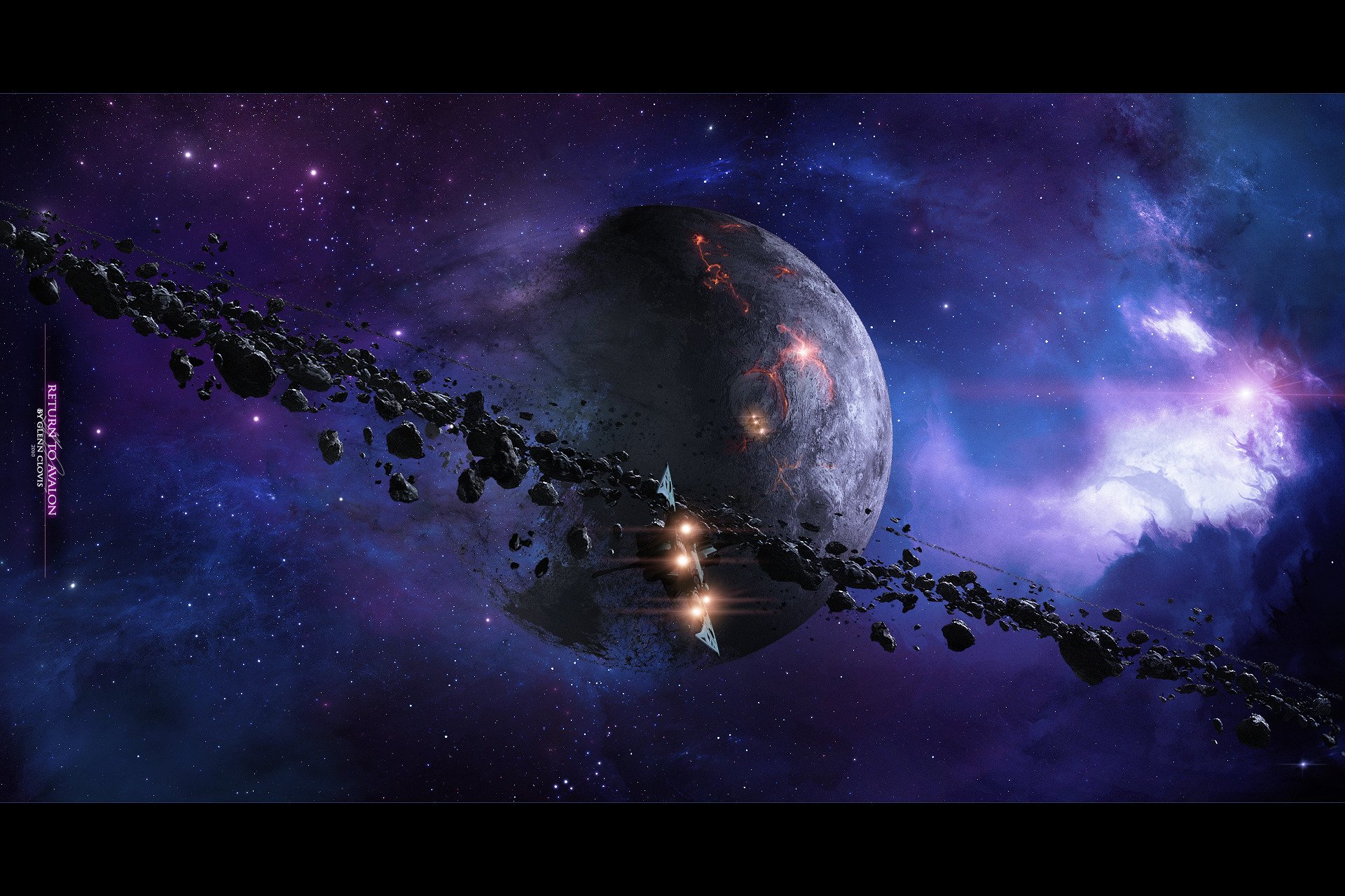 paceship asteroids fragments planet