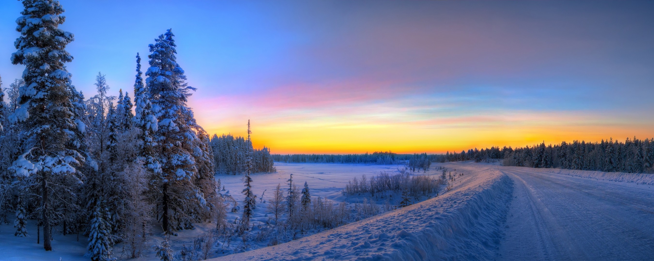 carretera paisaje invierno puesta de sol