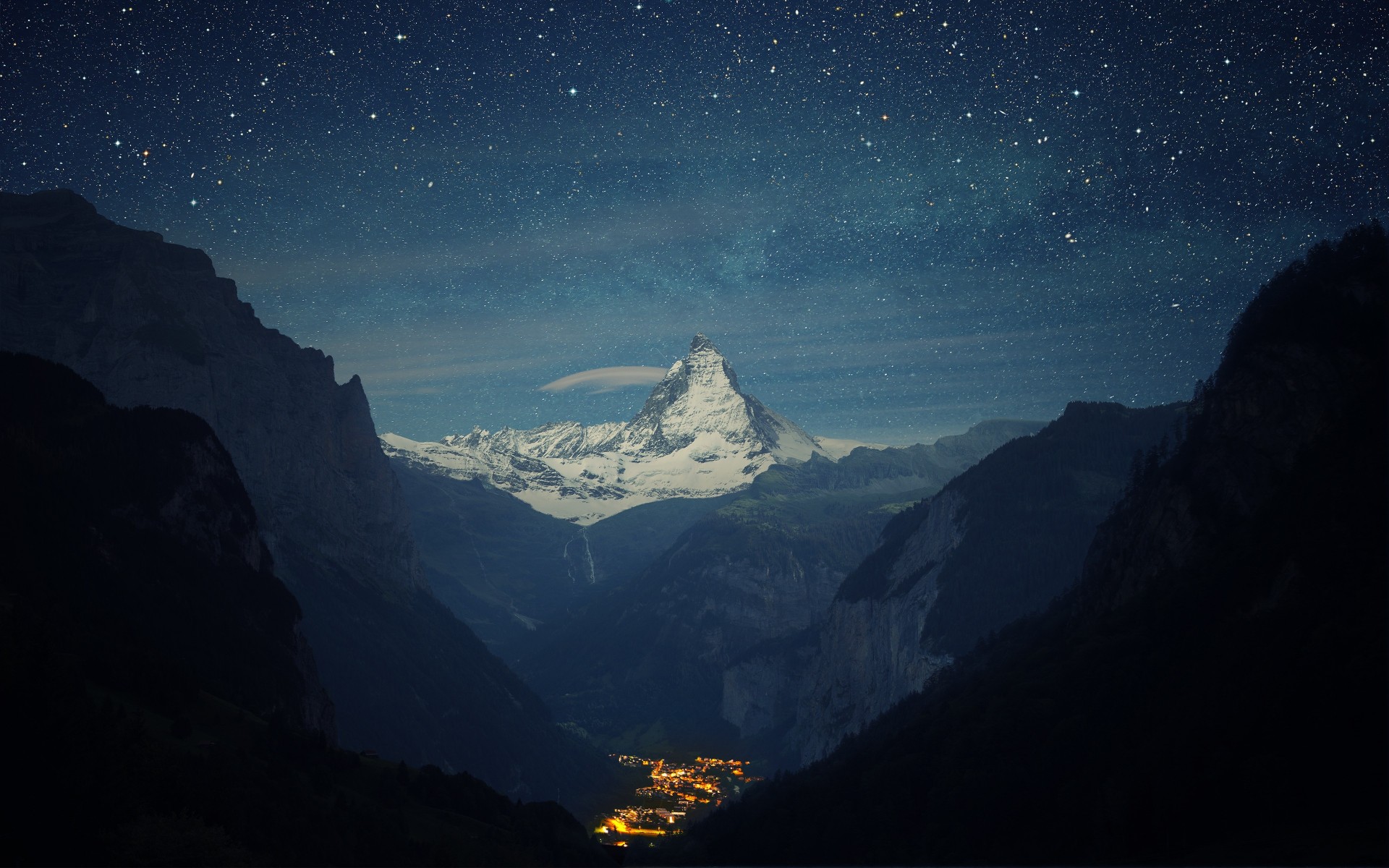 miasto noc dolina alpy matterhorn góry