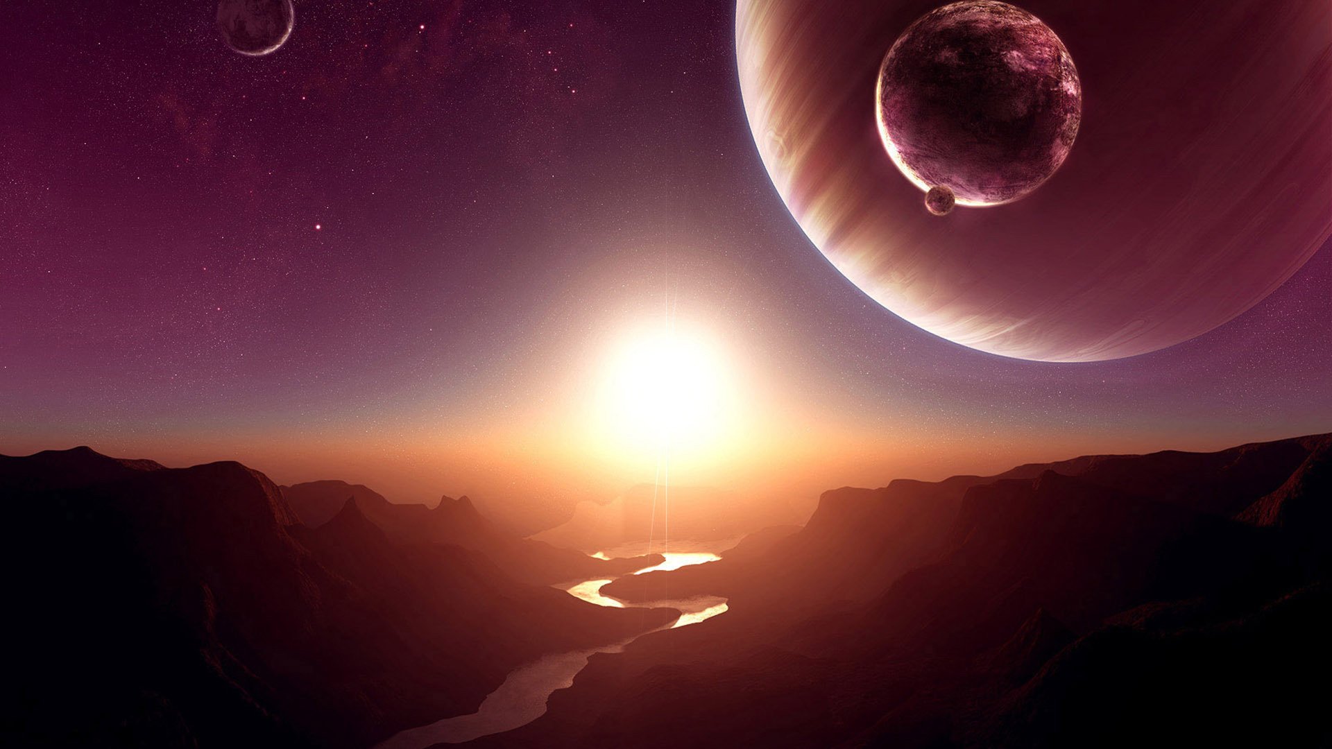 pace planet satellite sun star river canyon rock sunset dawn