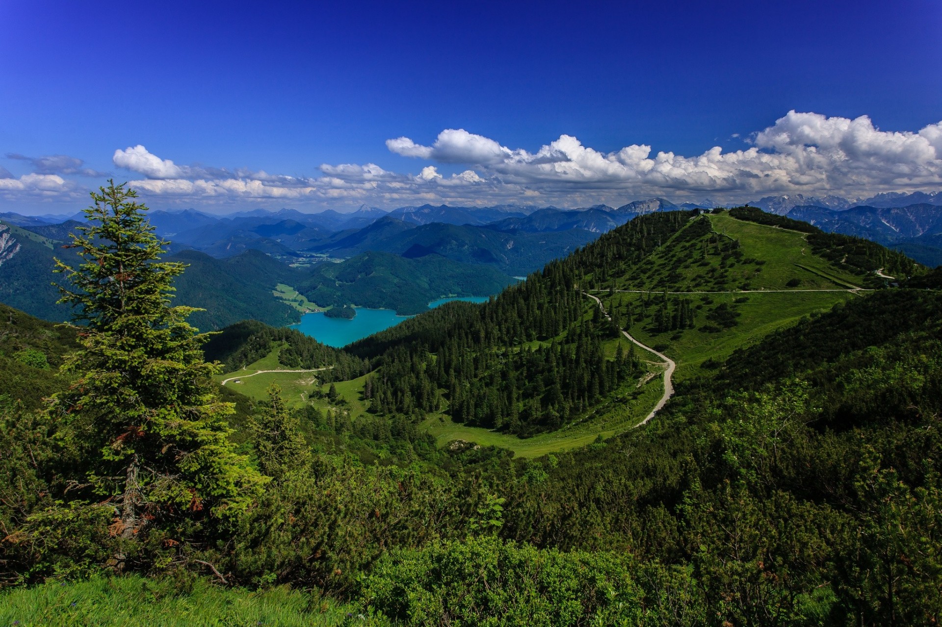 bavarian alps hills tree sky clouds repair jacket