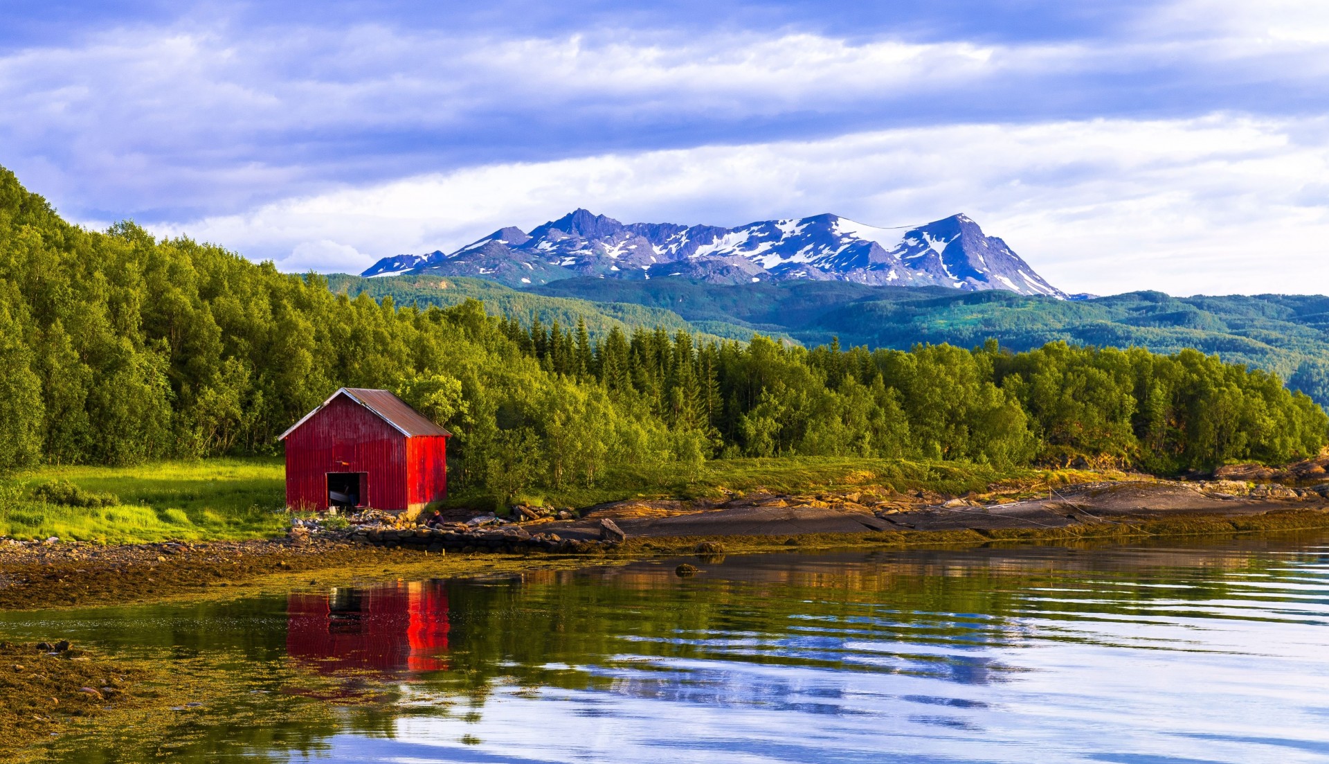 paysage rivière forêt maison norvège montagnes