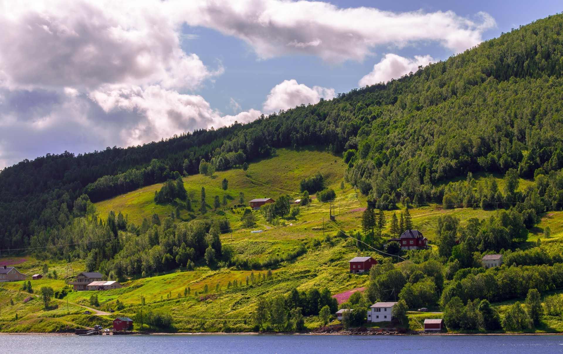 norwegen häuser natur fluss hügel