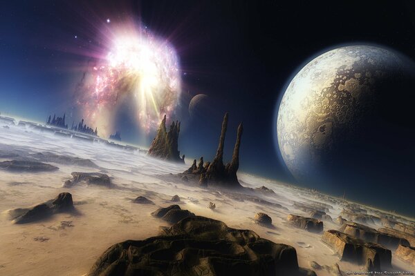 A planet against the background of exploding stars and another planet