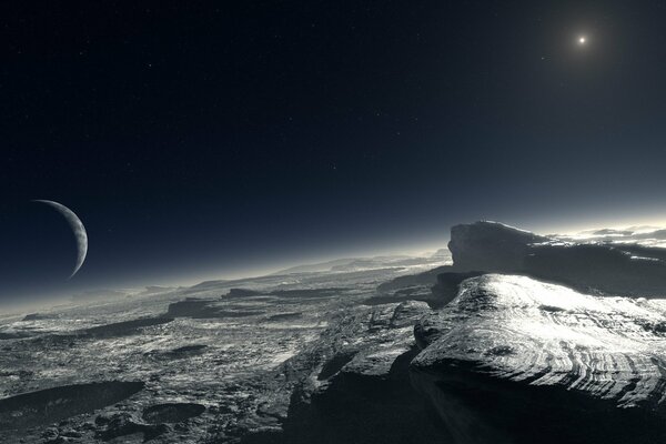 Kunst Oberfläche des Mondes und Blick auf andere Planeten