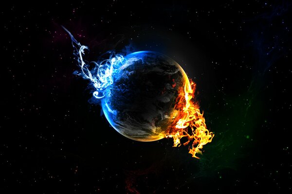 A planet with blue and yellow star flames