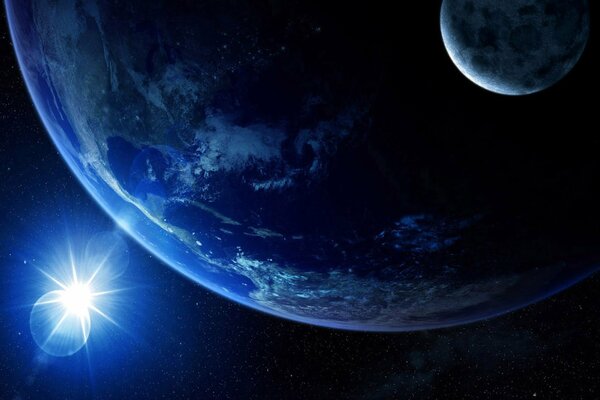 Image graphique de la planète terre avec la lune satellite dans les rayons du soleil