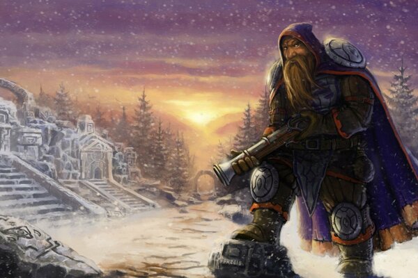A dwarf with a gun at a winter sunset