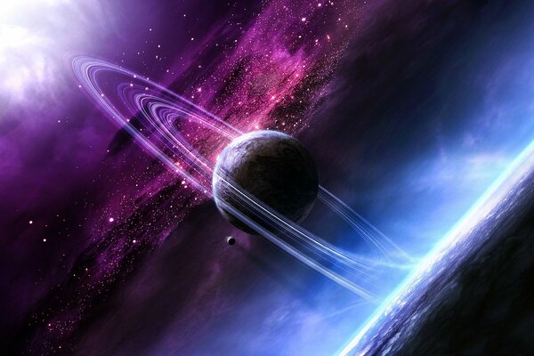 Saturno con anelli e lune nell universo galassia