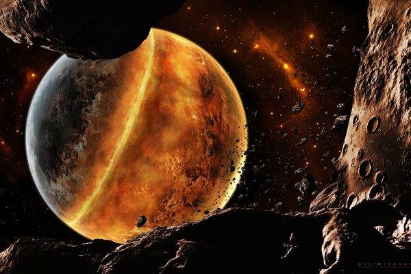 A catastrophe on a planet with debris and meteorites