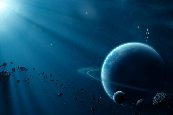 Graphic image of the cosmos in blue with a planet and meteorites