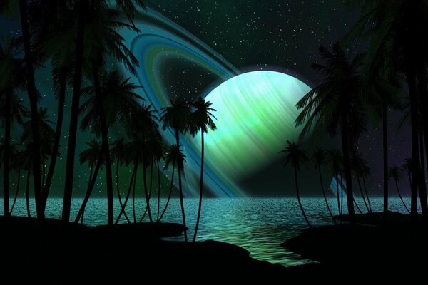 Night palm trees on the background of the planet and space rings