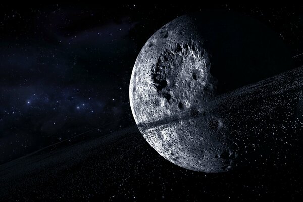 Ein Planet mit einem Krater und einem Asteroidenring