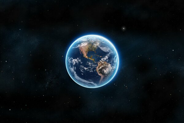 В космосе горит одна большая планета синим цветом под названием Земля